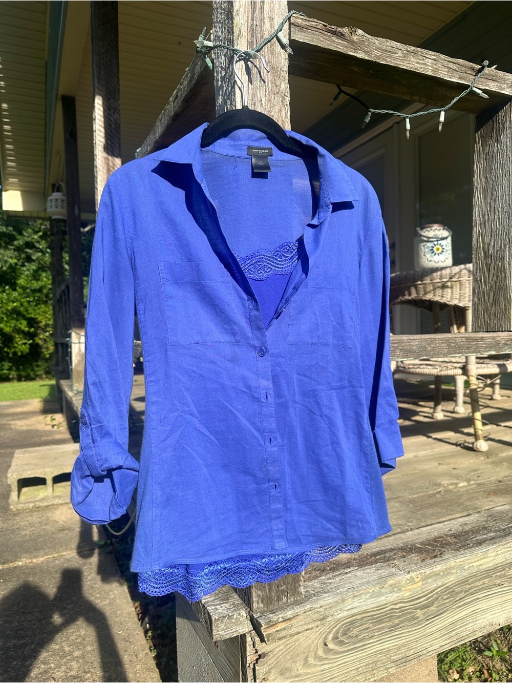 Ann Taylor Cobalt Blue Button-Down Shirt with Matching Lace Trim Cami